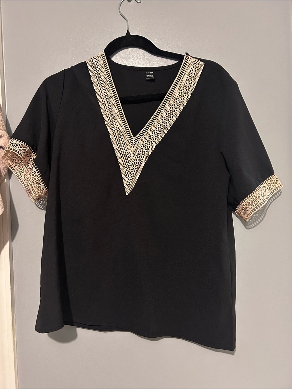 SHEIN Black Short Sleeve V-Neck Top with Cream Lace Trim